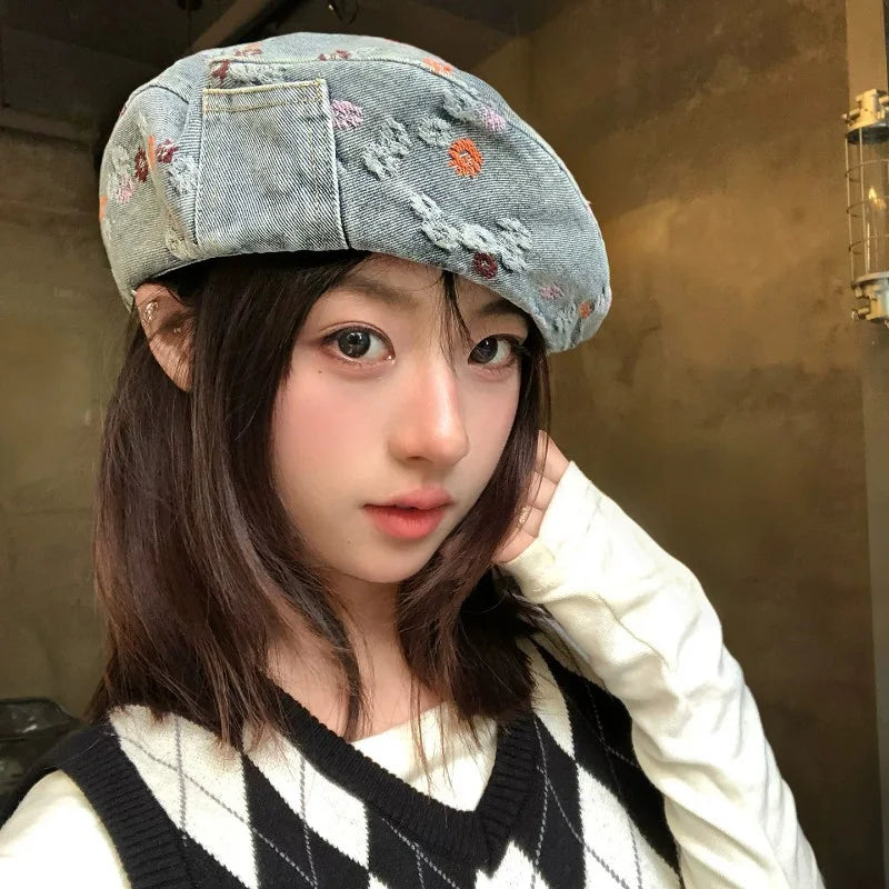 Japanese Retro Splicing Denim Octagonal Newsboy Cap