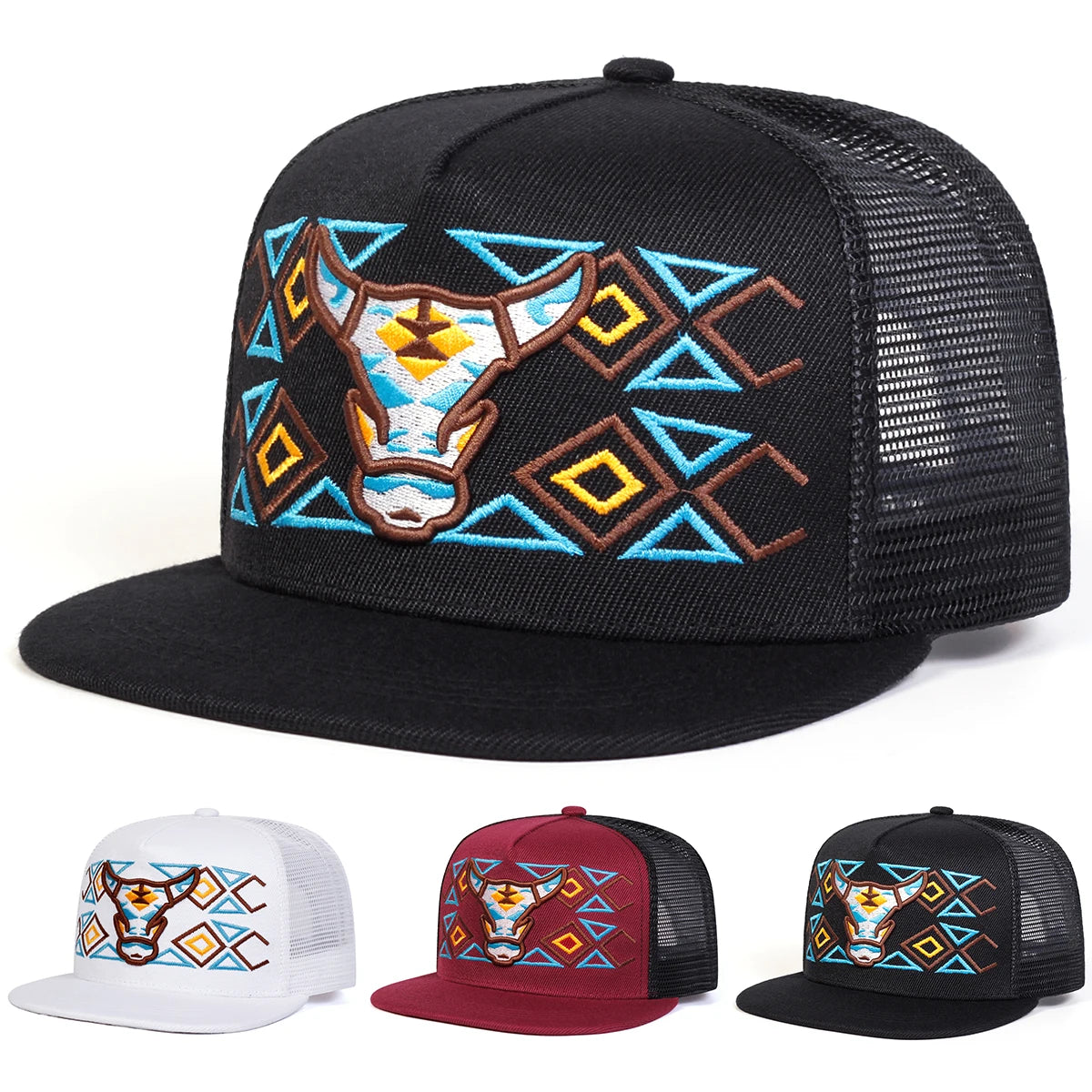 Unisex Ox Head Embroidery Hip-hop Net Hats Spring Summer Outdoor
