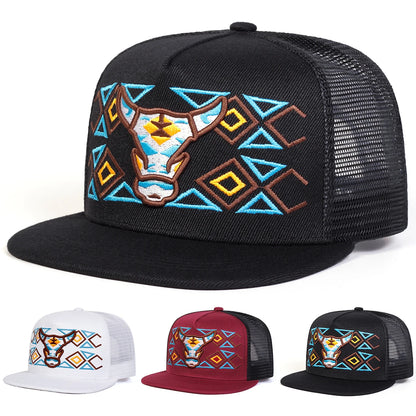 Unisex Ox Head Embroidery Hip-hop Net Hats Spring Summer Outdoor