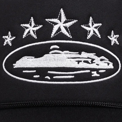 Street Style Star Ship Embroidered Breathable Mesh Trucker Hat