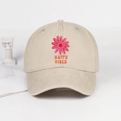 Happy Vibes Floral Print Washed Baseball Cap