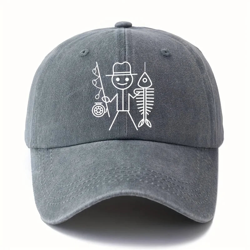 Printed Cartoon Man Fishing Baseball Cap, Outdoor Curved Brim Cap
