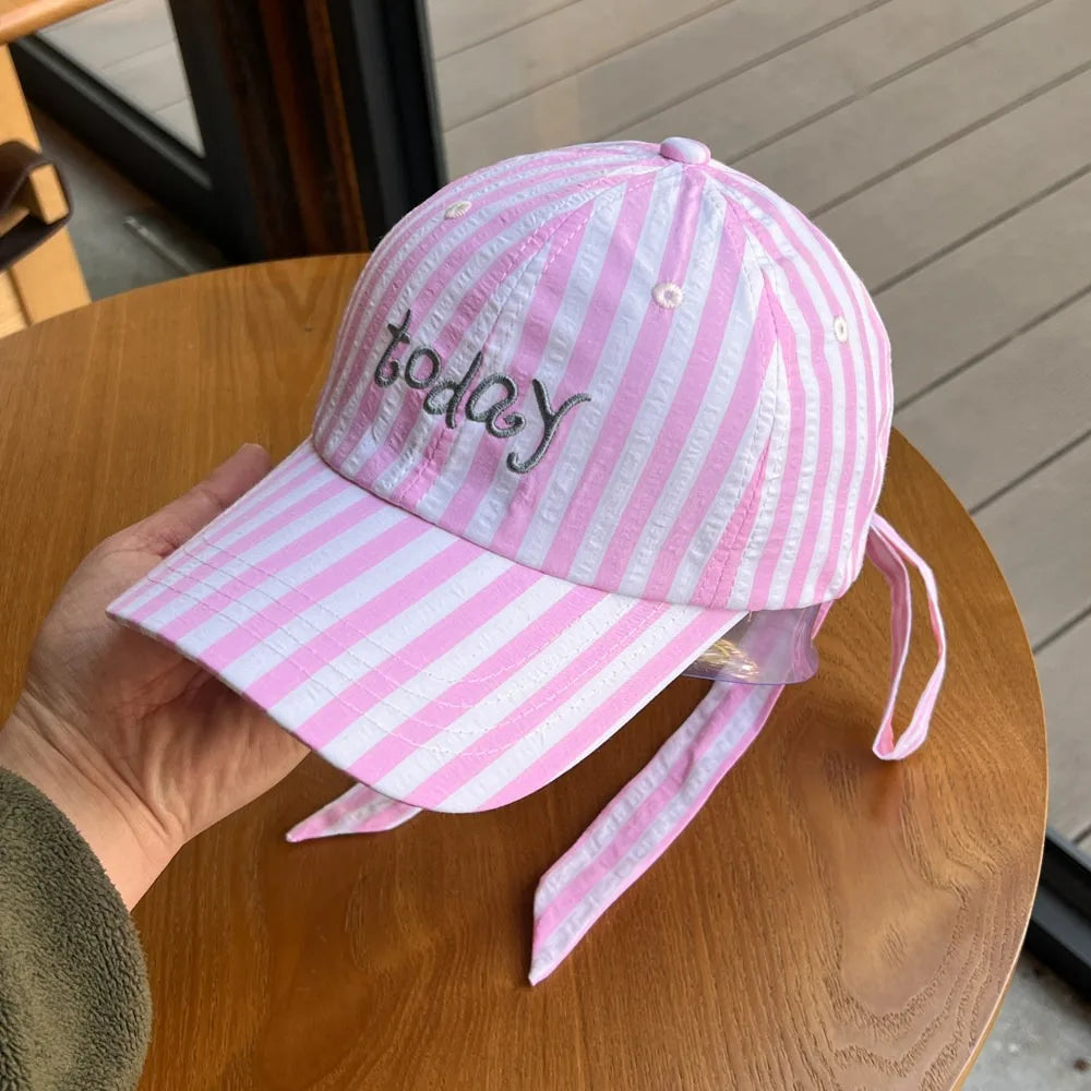 Embroidered Letter Baseball Cap Sweet Bow Tie Striped Design Sun Hat