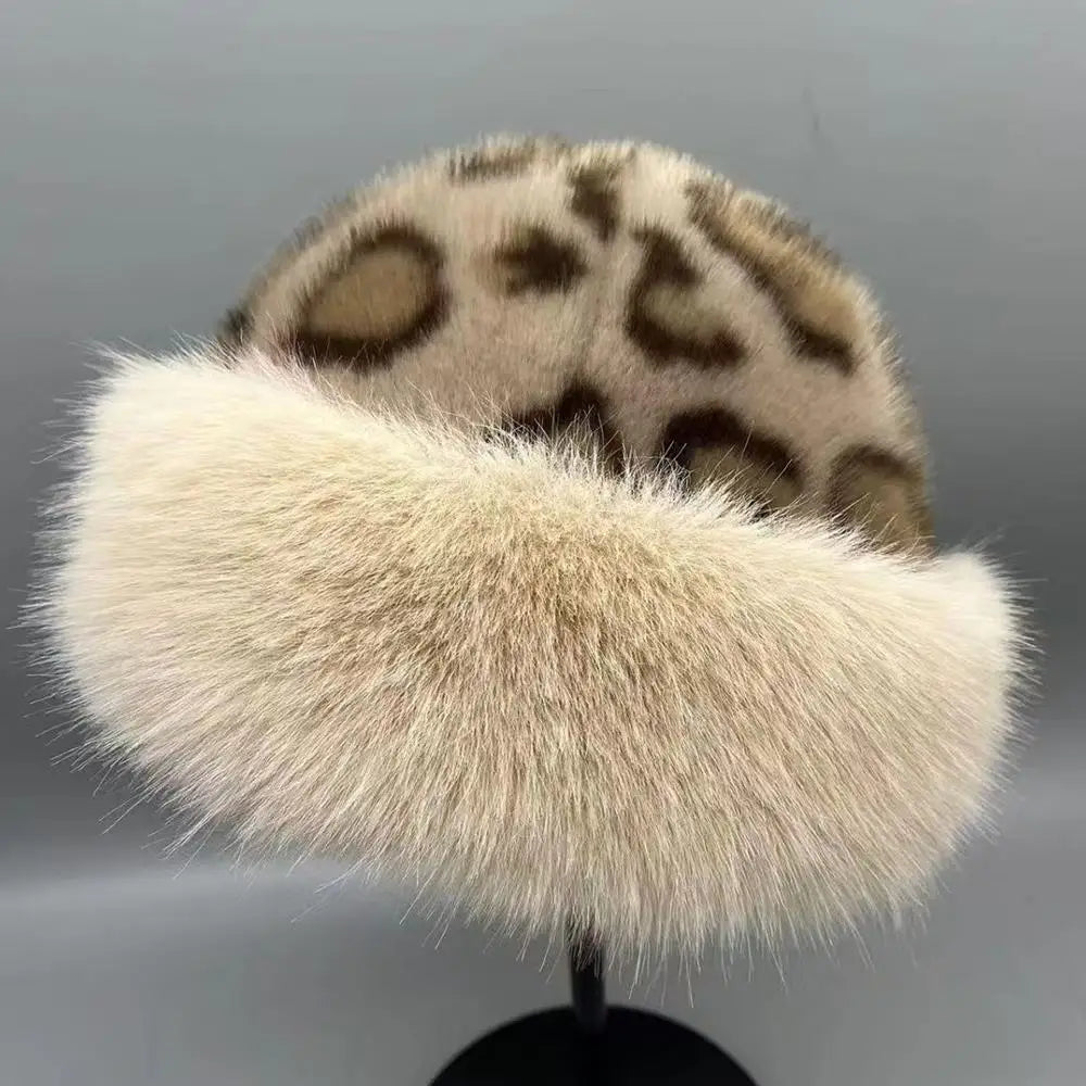Winter Plush Teddy Bear Hat For Women Leopard Print Ear Protection Cap