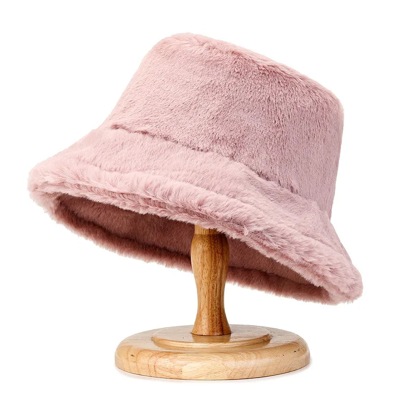 Korean Lamb Faux Fur Bucket Hat Lady Winter Warm Soft Panama Hat