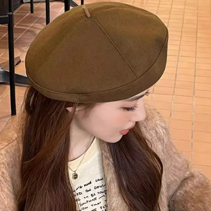 Retro Handmade Beret Spring Autumn Women Black Beige Woolen Beret