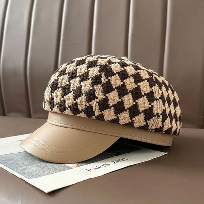 Classic Plaid Pu Leather Splicing Octagonal Hat Women's