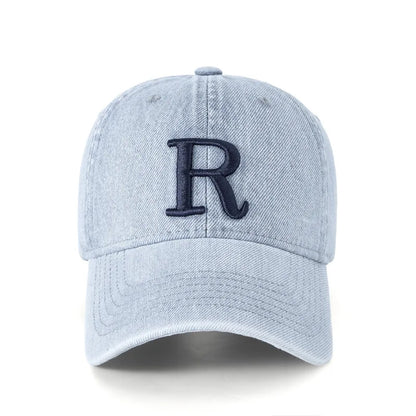 Fashion R Letter Denim Baseball Cap, Washed Cotton Peaked Hat