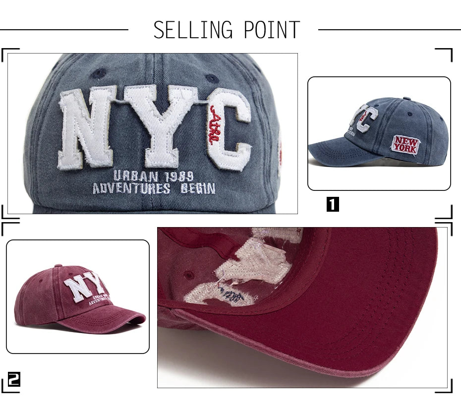 New Vintage Big Letter NYC Baseball Cap Men Cotton Washed Spring Autumn