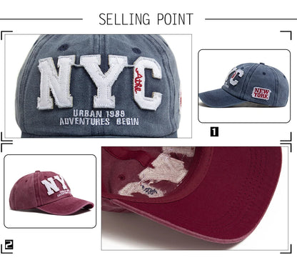 New Vintage Big Letter NYC Baseball Cap Men Cotton Washed Spring Autumn