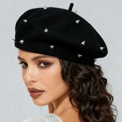 Punk Style Round Hollow Rivet Beret For Women