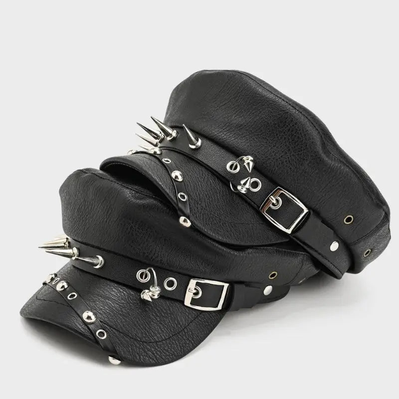 Goth Punk Beret Belt Buckle Leather Hat Spring Autumn