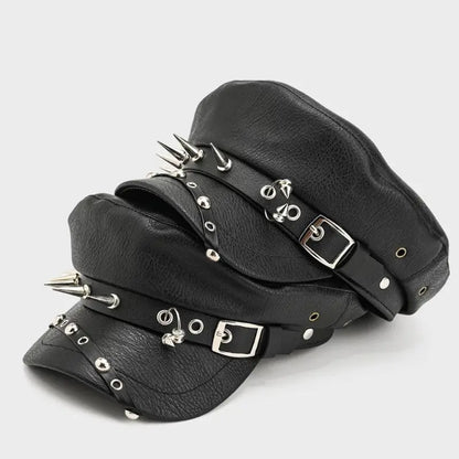 Goth Punk Beret Belt Buckle Leather Hat Spring Autumn