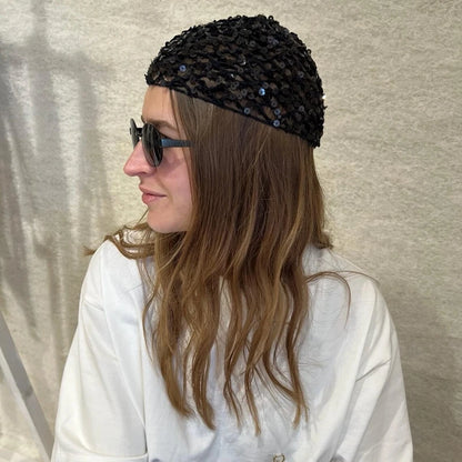 Glitter Sequins Cap Women Slouchy Snood Hat Hollow Out Knitted Hair Net