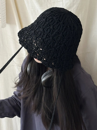 Japanese Knitted Hollow Out Bucket Hat Women's