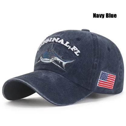 Shark Graphic And American Flag Embroidery Men Women Adjustable Soft Top Baseball Cap