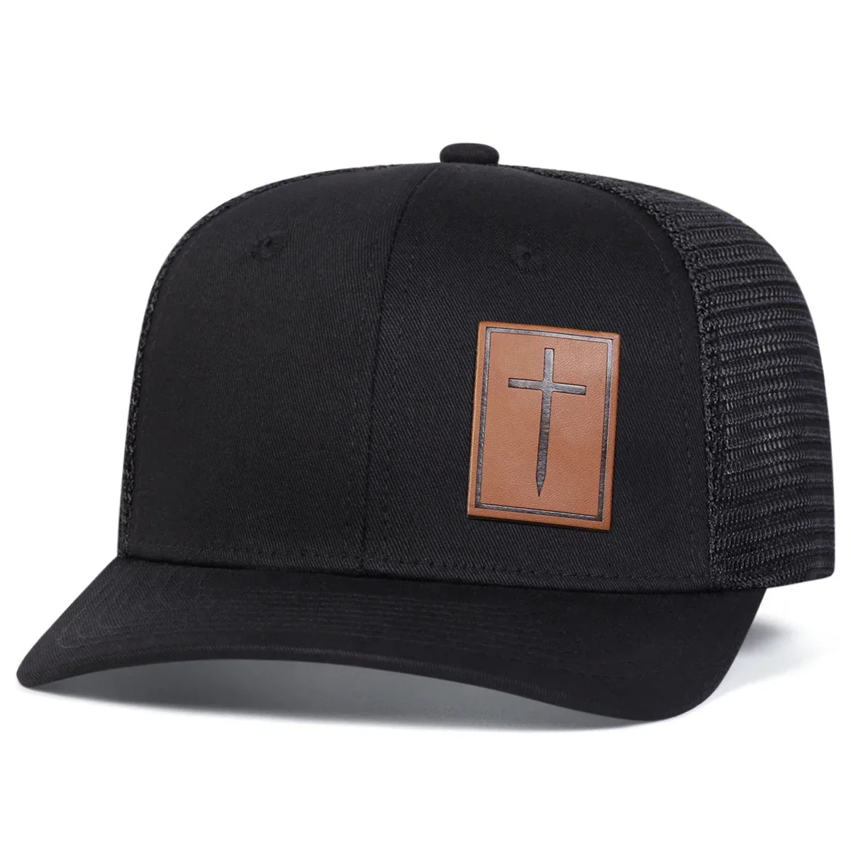 Unisex Cross Brown Leather Label Baseball Net Caps Outdoor Adjustable Casual Sunscreen Hat