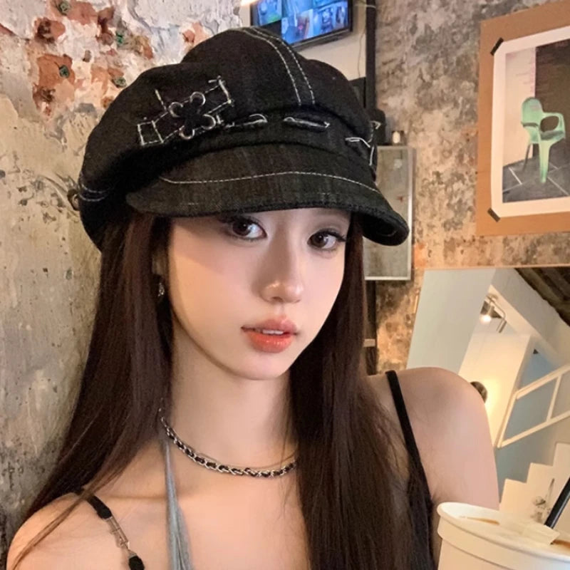 Y2k Personalized Hole Design Denim Newsboy Hats For Women And Men Spring Summer