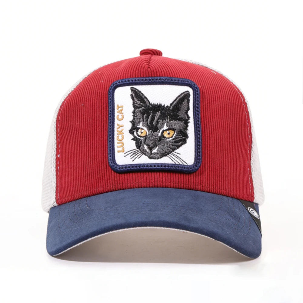 1PC Mesh Baseball Hat, Breathable, Embroidered Lucky Cat Patch, Color Block Streetwear