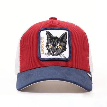 1PC Mesh Baseball Hat, Breathable, Embroidered Lucky Cat Patch, Color Block Streetwear