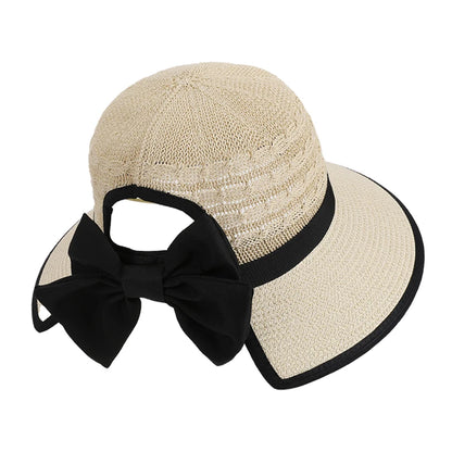 Girls' Versatile Bow-Tied Ponytail Hole Large Eaves Straw Hat