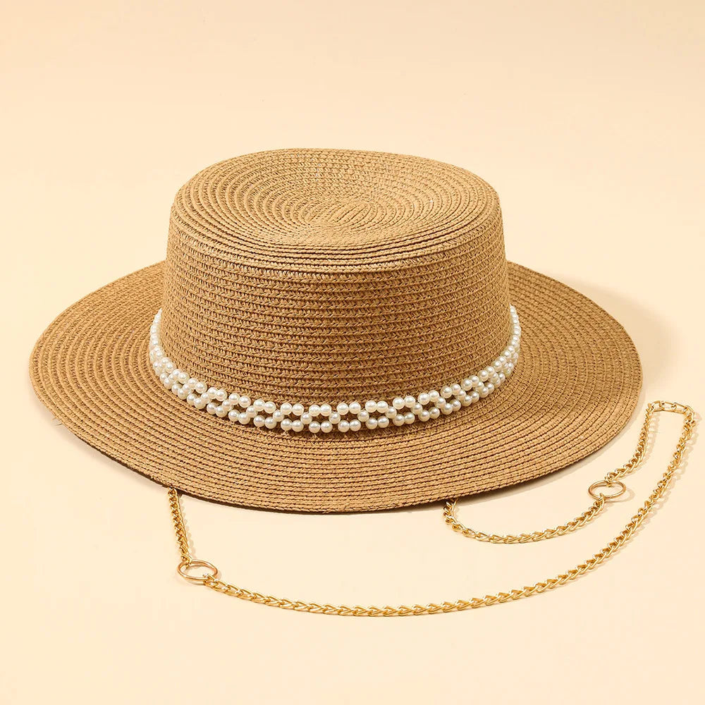Chic Pearl Flat Top Straw Hat - Women's Summer Black Fashion Sun Hat