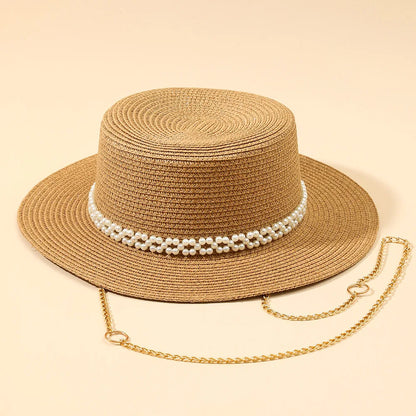 Chic Pearl Flat Top Straw Hat - Women's Summer Black Fashion Sun Hat