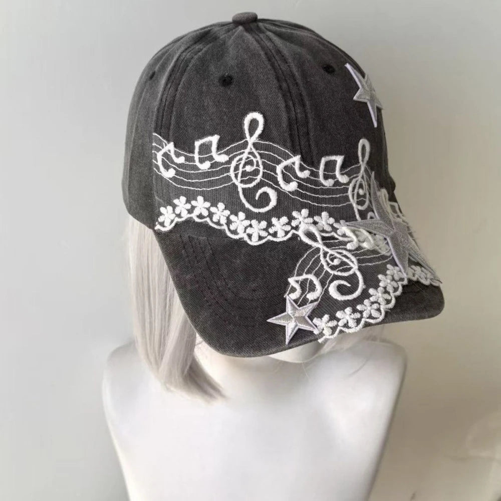 Y2K Musical Note Star Embroidery Lace Baseball Caps