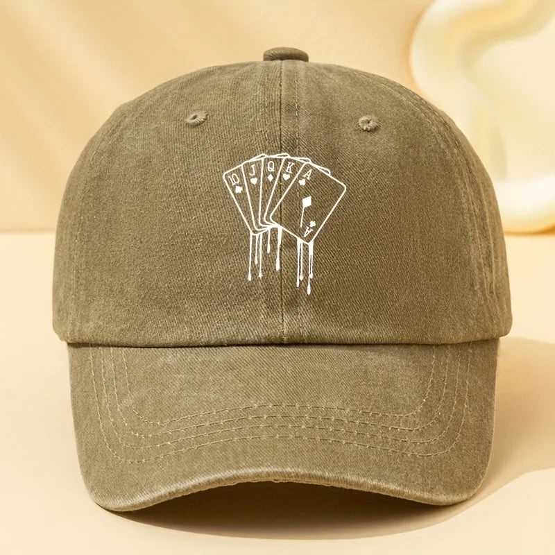 Poker Card Printed Washed Baseball Cap for Vacation, Travel, Camping and Leisure