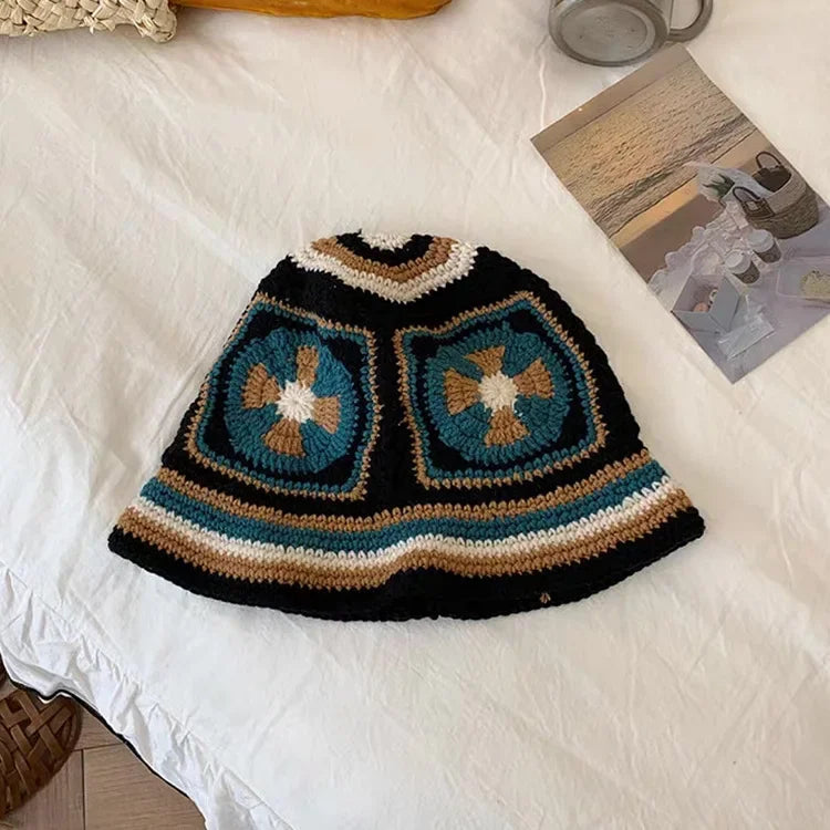 Women Muticolor Crochet Korean Handmade Bucket Hat Women Weaving Knitted Hat Y2k Fashion Flowers Autumn Cap