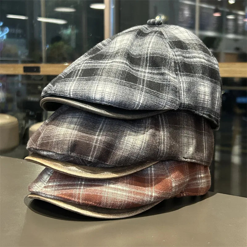 Autumn And Winter Japanese Plaid Warm Forward Hat