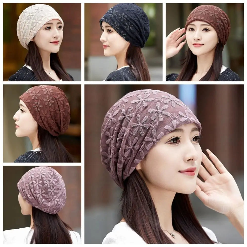Lace Flower Beanies Cap Hollow Out Elegant Thin Crochet Slouchy Hat