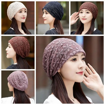 Lace Flower Beanies Cap Hollow Out Elegant Thin Crochet Slouchy Hat