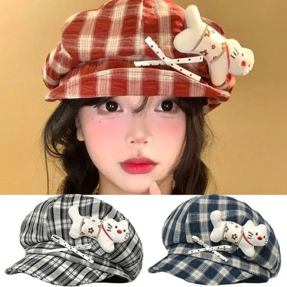 Cute Face Slimming Plaid Beret Hat Sun Protection Y2K Newsboy Hat