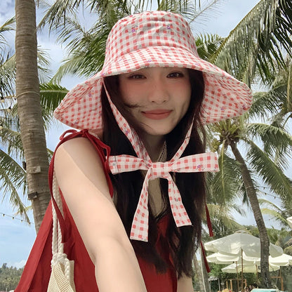 Double-Sided Plaid Wide Edged Lace-Up Bucket Hat
