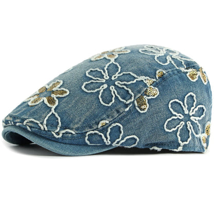 Male Female Cotton Ivy Flat Cap Stylish Sequin Flowers Denim Beret Cap