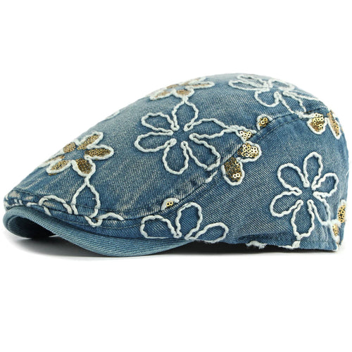 Male Female Cotton Ivy Flat Cap Stylish Sequin Flowers Denim Beret Cap