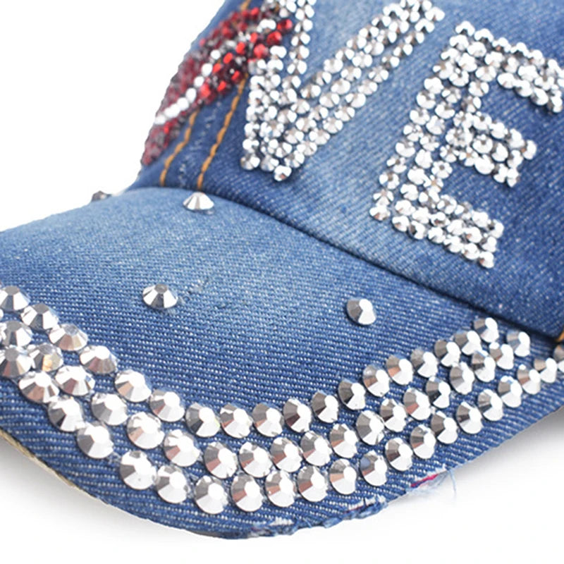 New Women Washed Denim Rhinestone Crown Baseball Cap