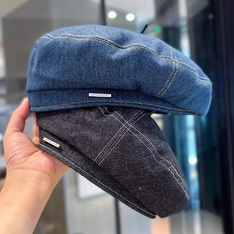 New Denim Beret Hat For Women Vintage Washed Blue Jeans