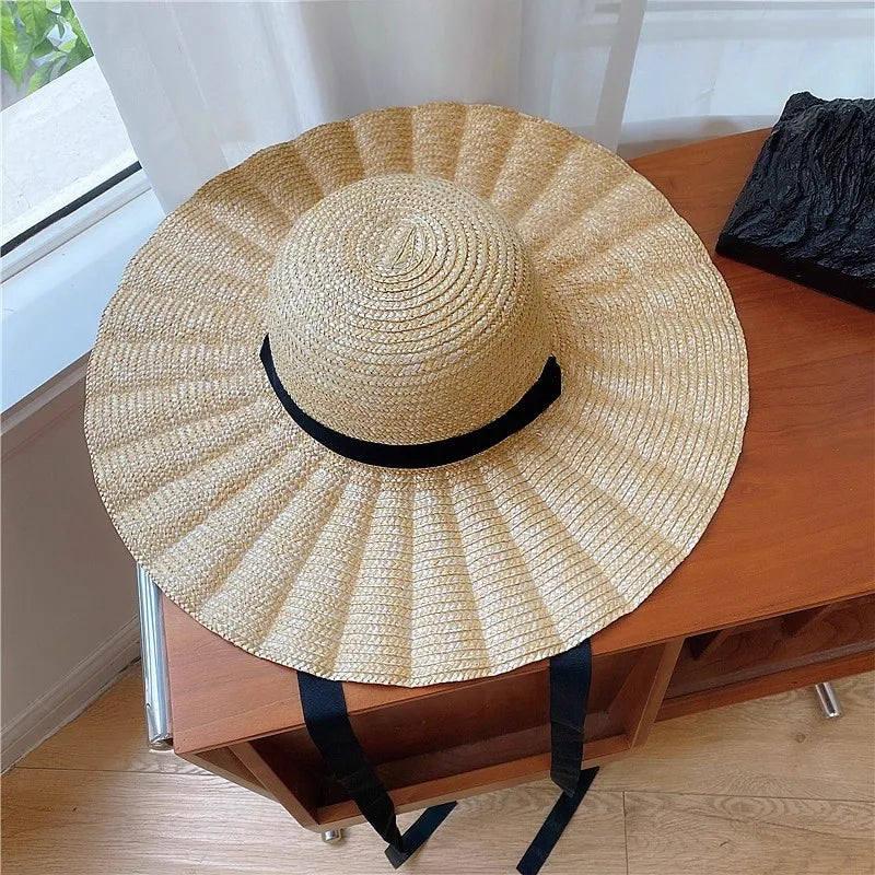 Straw Square Ribbon Straw Hat Beach Travel Sun Protection Flat Hat
