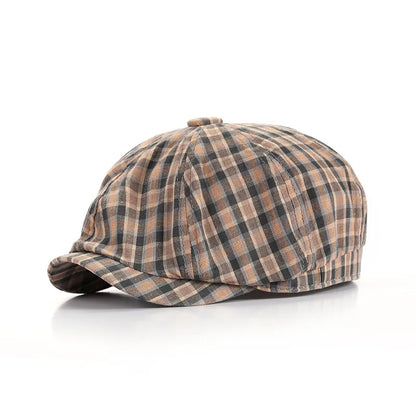 Checked Cloth Octagonal Cap Cotton Blends Plaid Men Casual Newsboy Caps