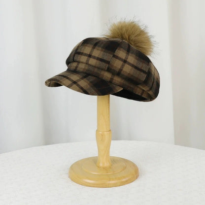 British Retro Autumn/Winter Women Plaid Beret Sun Shade Warm Octagonal Hats