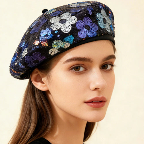The Colorful Sequined Flowers The Elegant And Artistic Style Of The Beret