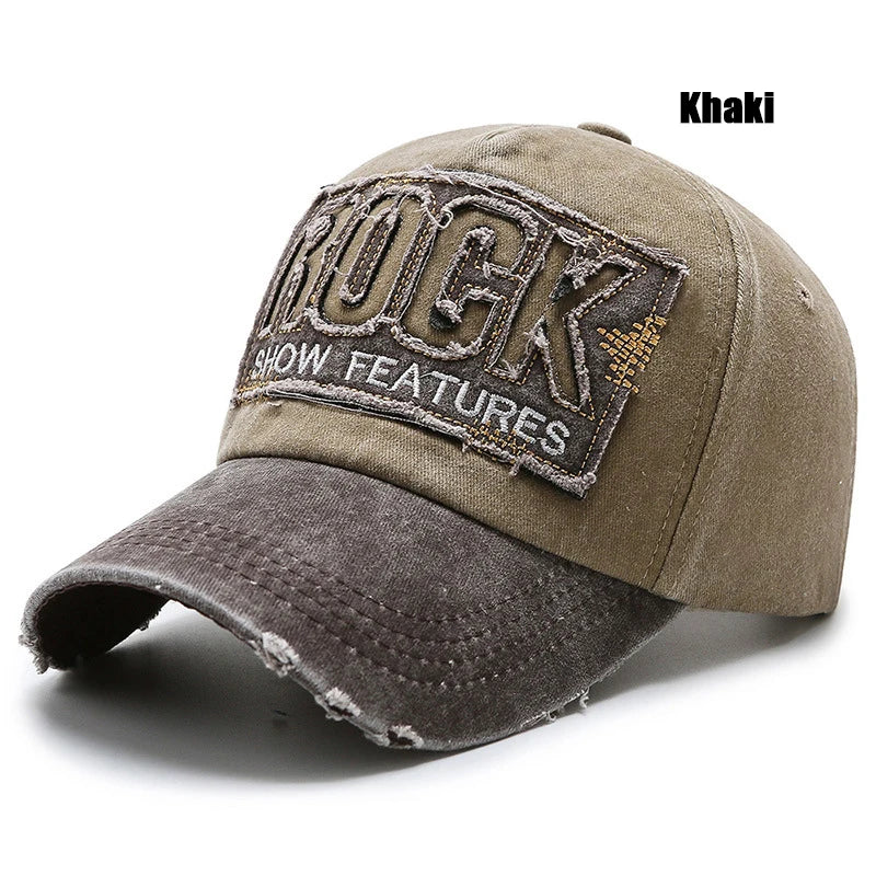 Rock Letters Embroidered Patch Ripped Brushed Washed Distressed Design Style Baseball Cap