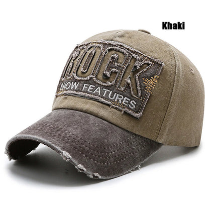 Rock Letters Embroidered Patch Ripped Brushed Washed Distressed Design Style Baseball Cap