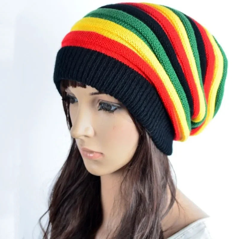 Multicolor Striped Printed Knitted Beret Cap Winter Warm