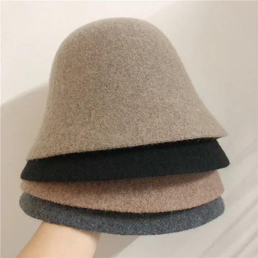 Japanese Real Woolen Vintage Warm Bucket Hat For Women Felt Retro Dome Wool Hats Style Panama Caps