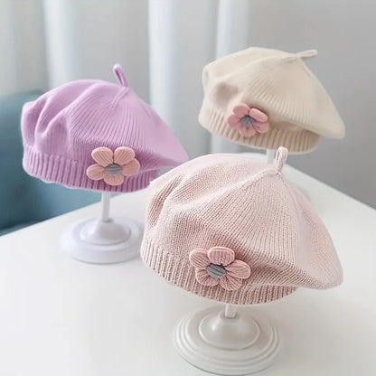 Flower Baby Beret Hat Winter Warm Knitted Beanie Cap