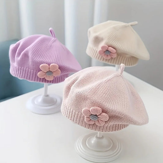 Flower Baby Beret Hat Winter Warm Knitted Beanie Cap