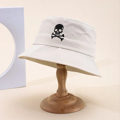Summer Solid Bucket Hat For Women Embroidery Skull Breathable